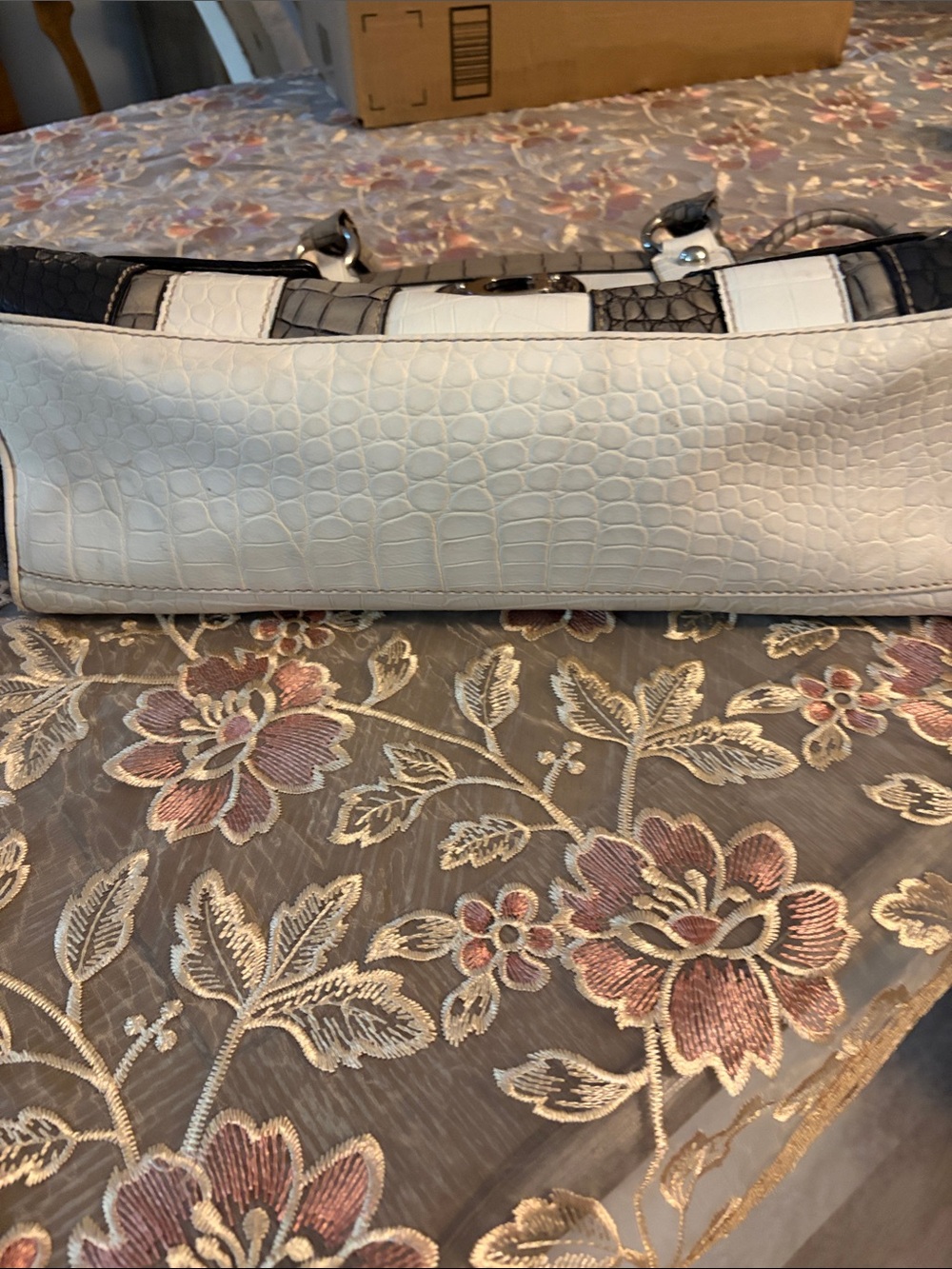 Guess Tri-Tone Faux-Croc Shoulder Bag — Cream, Gray & Black - Picture 2 of 14